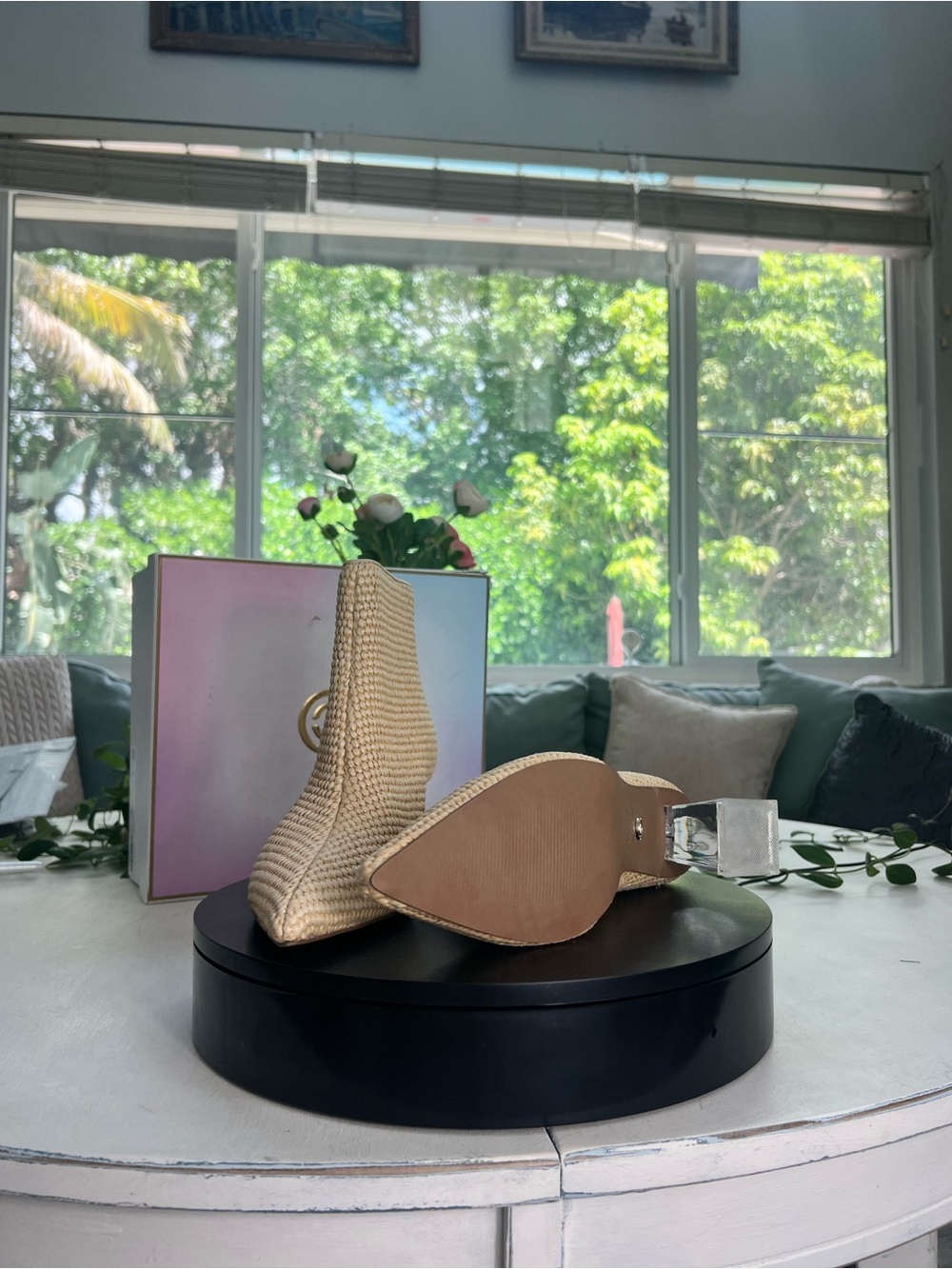 Cecelia New York Woven Beige Ankle Boots with Lucite Clear Block Heel - Picture 6 of 16